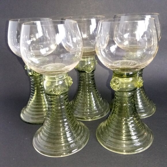 5 1900s German Handmade Green Glass Beehive Stem Wine Goblets Raspberry Prunts